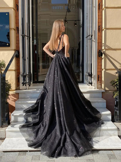 LTP1254,Glitter Black A-Line Prom Dresses,V-Neck Evening Formal Gown