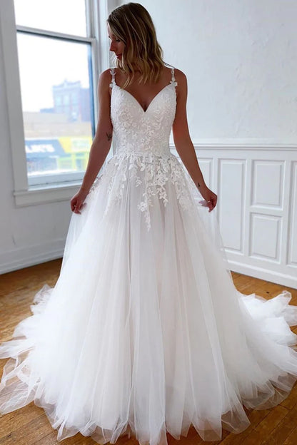 LTP1174,White Tulle Wedding Dresses,A-Line Lace Applique Wedding Bridal Gown
