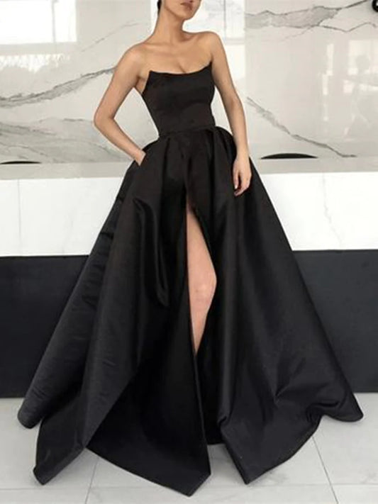 LTP1586,Black Strapless Satin A-Line Long Prom Formal Gown,Split Evening Dresses