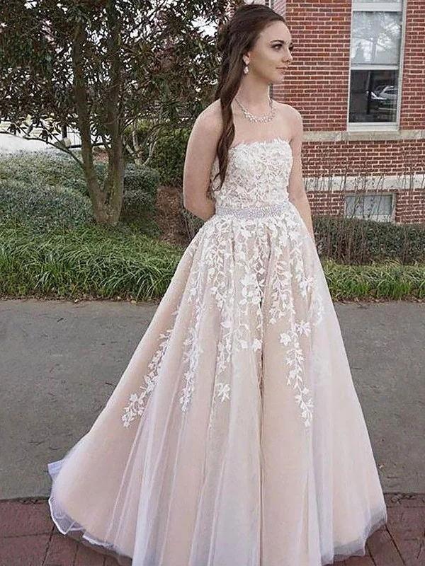 LTP0419,Elegant strapless a line prom dresses applique tulle evening dress