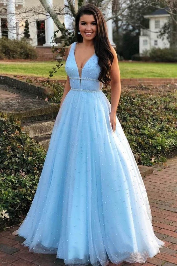 LTP0750,Sky blue prom dress,pearl beaded long evening dresses,tulle formal gown