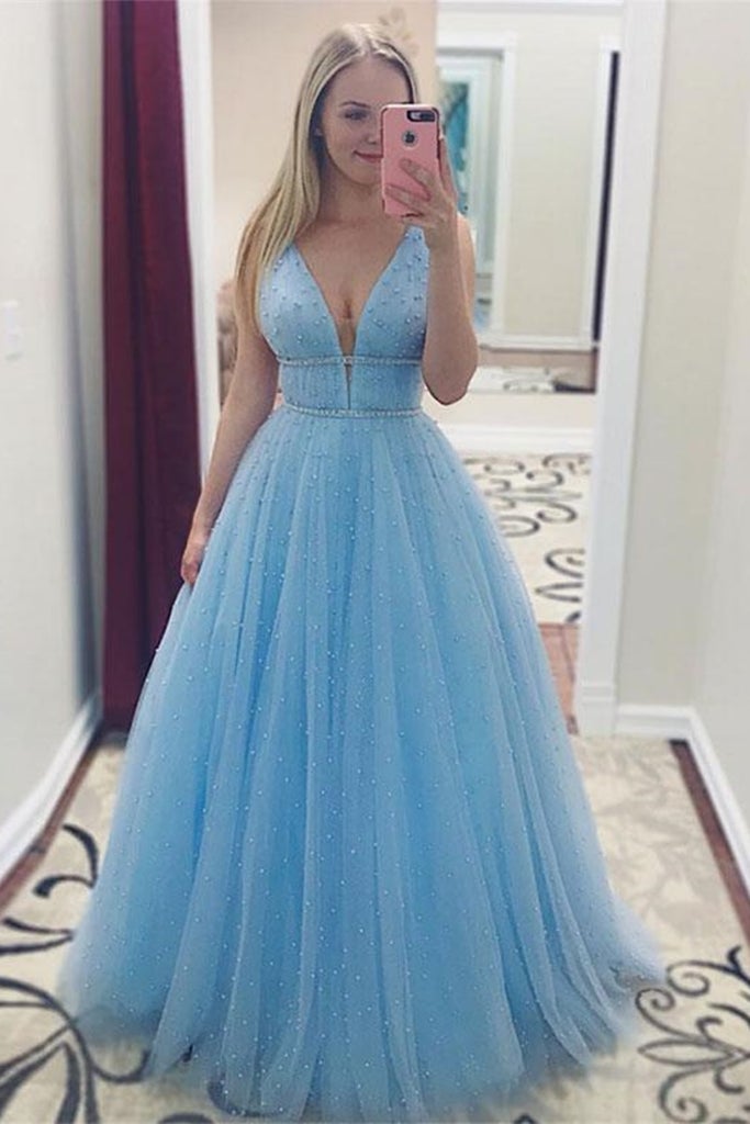 LTP0700,Sky blue lace prom dress v-neck beaded long evening formal gown
