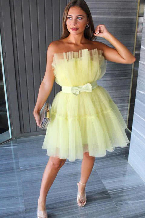 LTP1423,Simple A line Yellow Tulle Strapless Short Prom Dress, Homecoming Dresses