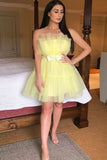LTP1423,Simple A line Yellow Tulle Strapless Short Prom Dress, Homecoming Dresses