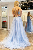 LTP0863,Charming light blue lace prom dress applique tulle prom dresses with side slit