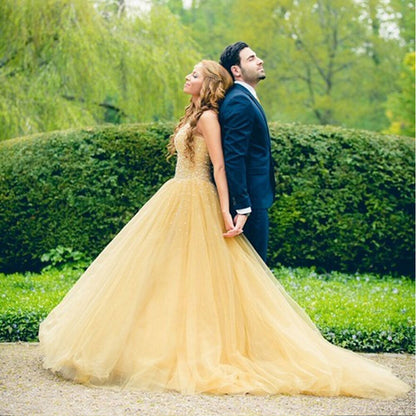 LTP0857,Ball Gown Strapless Top Lace Beading Prom GownBeautiful Long Yellow Prom Dresses with Crystal Tulle,Ball Gown Long Tulle Yellow Prom Dress with pearls