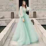 LTP1518,Mint Green Long Prom Dresses,V-Neck Tulle Evening Formal Dress