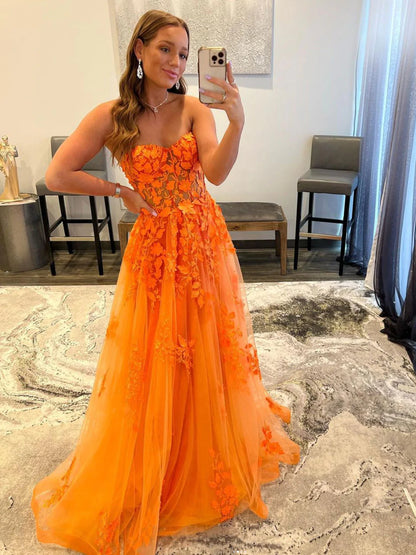 LTP1309,Vestido Strapless Orange Sweetheart Tulle Prom Evening Dresses