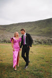 LTP1662,Hot Pink Satin Long Prom Evening Dresses,Side Slit Evening Gown