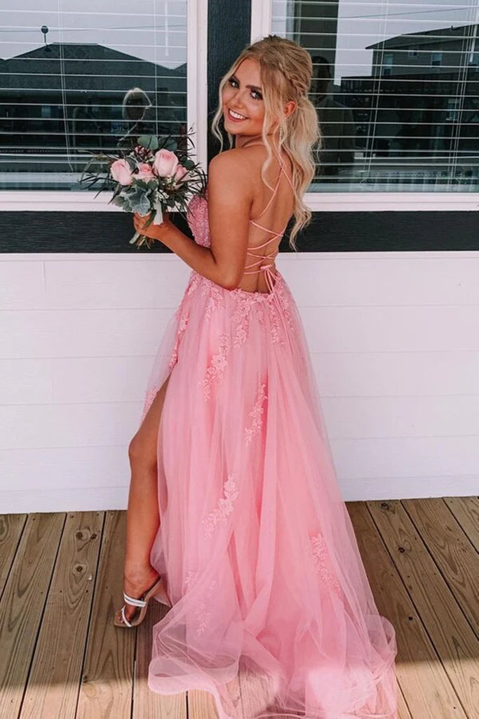 LTP1501,Charming pink lace tulle prom dresses long homecoming dresses formal dress with side slit