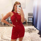 LTP1462,Cross Straps Red Sequined Tight Homecoming Dress