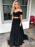 LTP0569,Two Pieces Prom Dress Black Evening Dresses Off The Shoulder Tulle Prom Dresses
