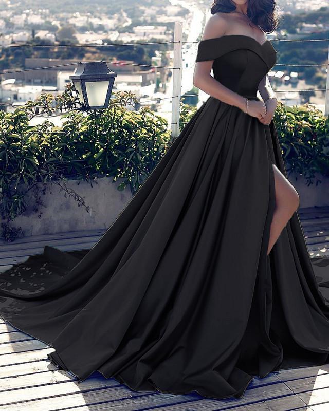 LTP0008,Off the shoulder a line prom dress,a line split evening dresses long