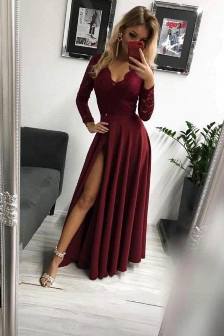 LTP0444,Charming burgundy lace chiffon prom dresses long evening dress with side slit