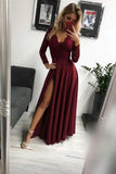 LTP0444,Charming burgundy lace chiffon prom dresses long evening dress with side slit