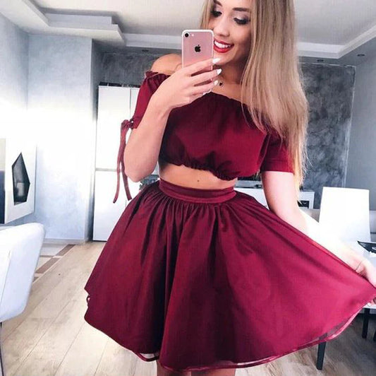 LTP1340,Two Pieces Burgundy Homecoming Dresses Satin Graduation Dress