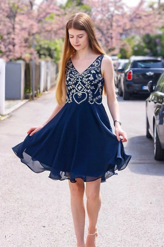 LTP1404,Navy Blue Chiffon Beaded A-Line Homecoming Dresses Short Prom Dress