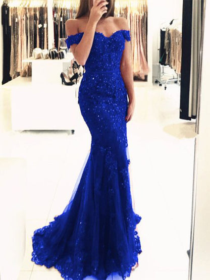 LTP0248,Blue Prom Dresses Off The Shoulder Evening Dress Mermaid Beaded Long Prom Dress