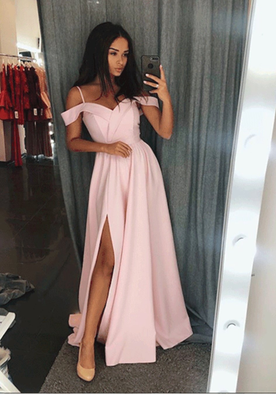 LTP0307,Spaghetti Straps Prom Dresses Pink Off The Shoulder Prom Dress Long Evening Gown