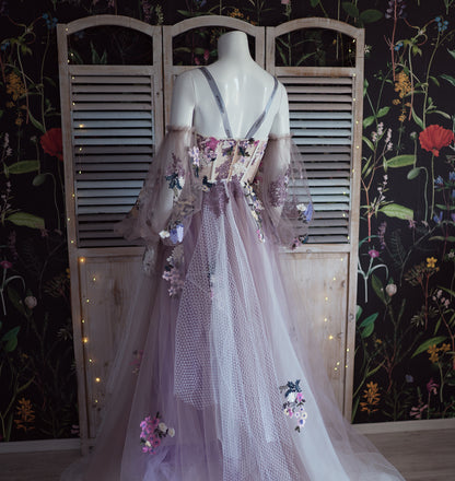 LTP1005,Purple tulle evening dress a-line prom dresses floral formal gown