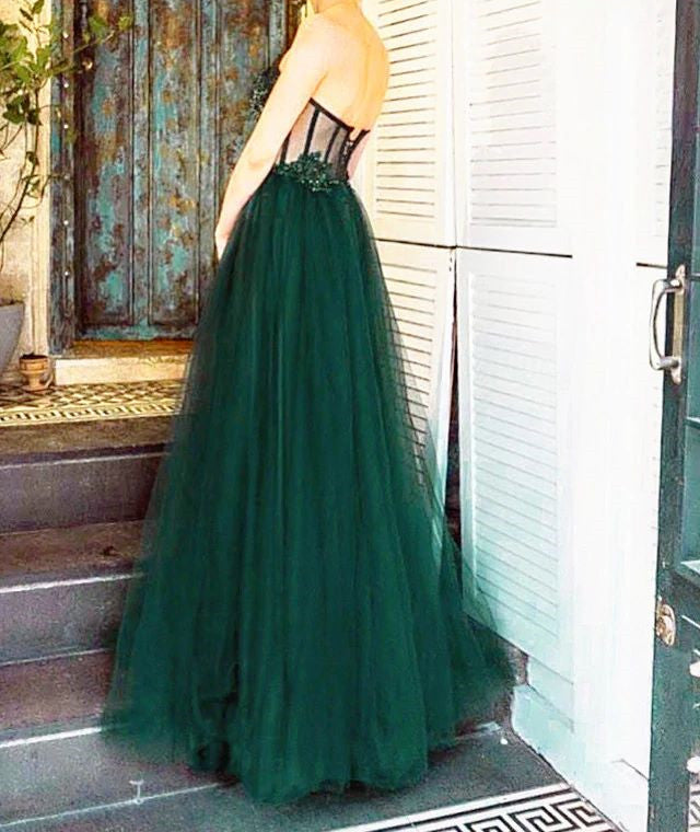 LTP1045,Green sweetheart applique tulle prom evening dresses