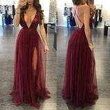 LTP0087,Burgundy tulle long prom dress deep v neck sexy prom dresses