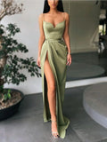LTP1603,High Quality Olivia Green Satin Long Prom Evening Dresses