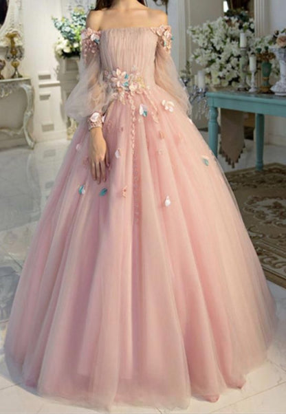 LTP1016,Long Sleeve Prom Dresses, Pearl Pink Ball Gown Long Floral Fairy Prom Dress