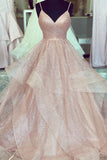 LTP0189,Rose Gold Ruffled Long Prom Dress with Pleated Bodice