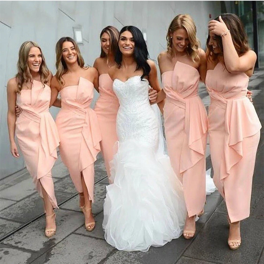 LTP1716, Blush Pink Satin Bridesmaid Dresses, Simple Tea Length Bridesmaid Dress