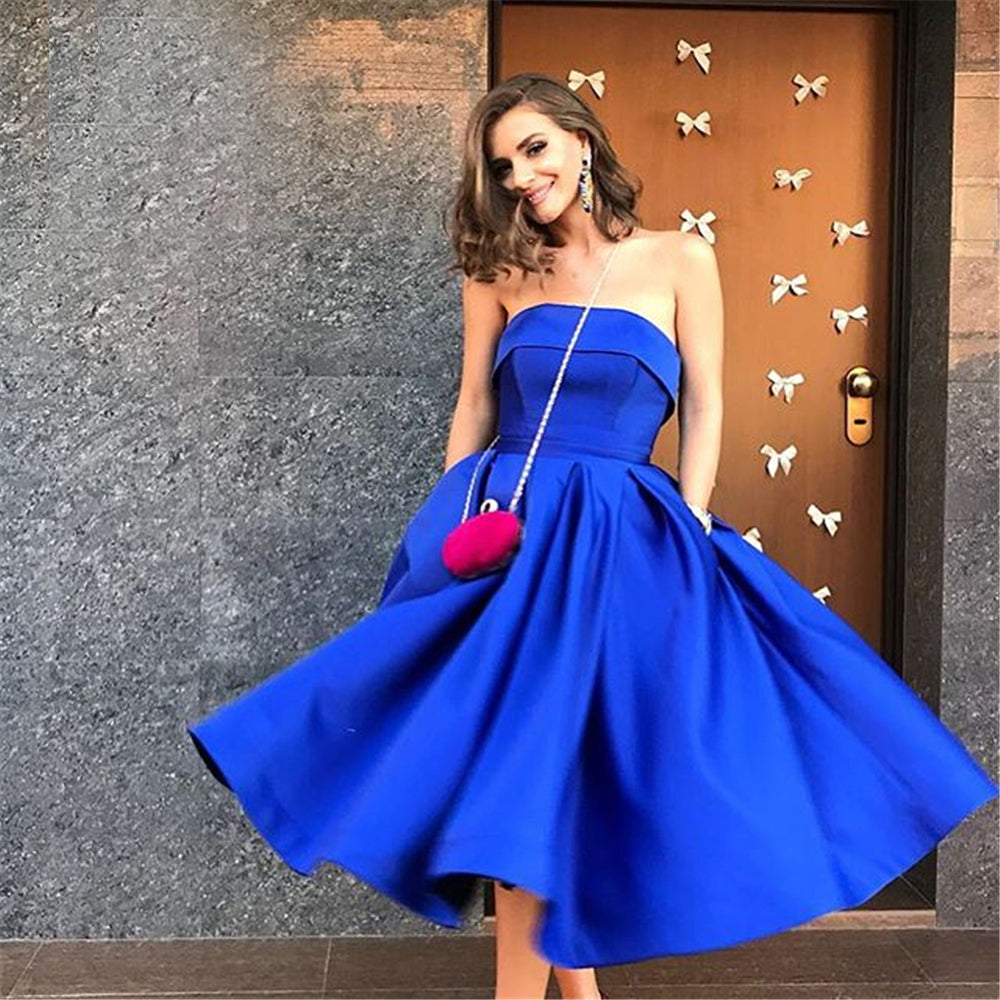 LTP0426,Royal blue homecoming dresses strapless midi dress satin a line short prom dress