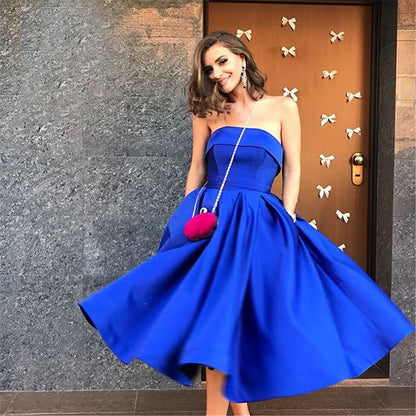 LTP0426,Royal blue homecoming dresses strapless midi dress satin a lin