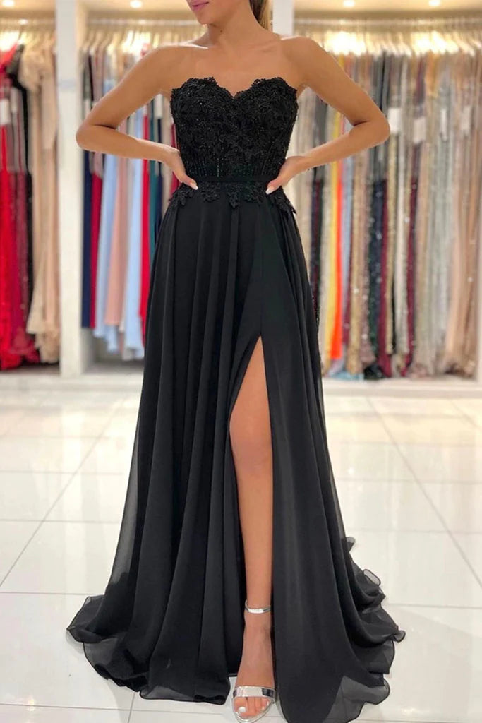 LTP1587,Sweetheart black chiffon applique sheath long prom dresses,black evening dresses