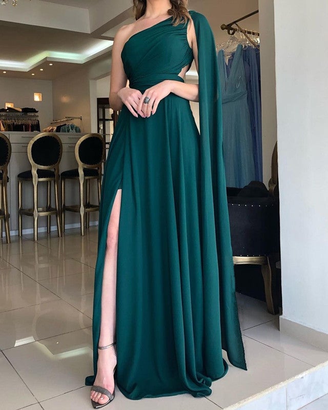 LTP0577,Emerald Green Prom Dress One Shoulder Chiffon Long Prom Evening Dresses High Slit Formal Gown
