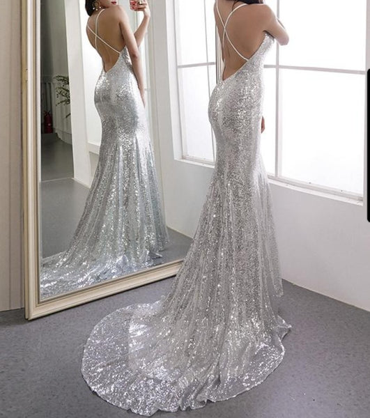 Luxe High-Low Mermaid Halter-Neck Open-Back Silver Satin Floor-Length Prom Dresses main image 1