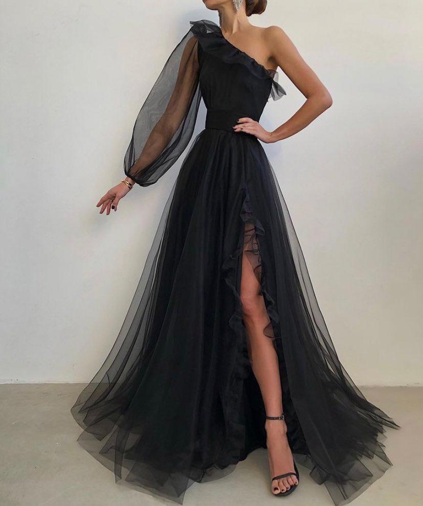 LTP0209,One shoulder black tulle prom dress a line split formal gown event dresses