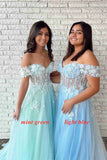 LTP0966,Adorable mint green a line prom dresses off the shoulder floral applique evening party gown