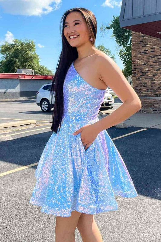 LTP1436,A-Line One Shoulder Sequined Short Homecoming Dress with Pockets