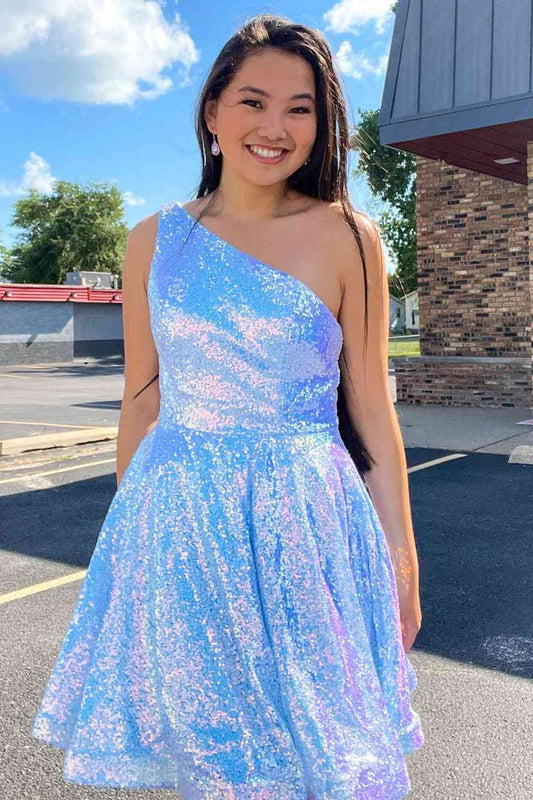 LTP1436,A-Line One Shoulder Sequined Short Homecoming Dress with Pockets
