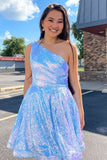 LTP1436,A-Line One Shoulder Sequined Short Homecoming Dress with Pockets