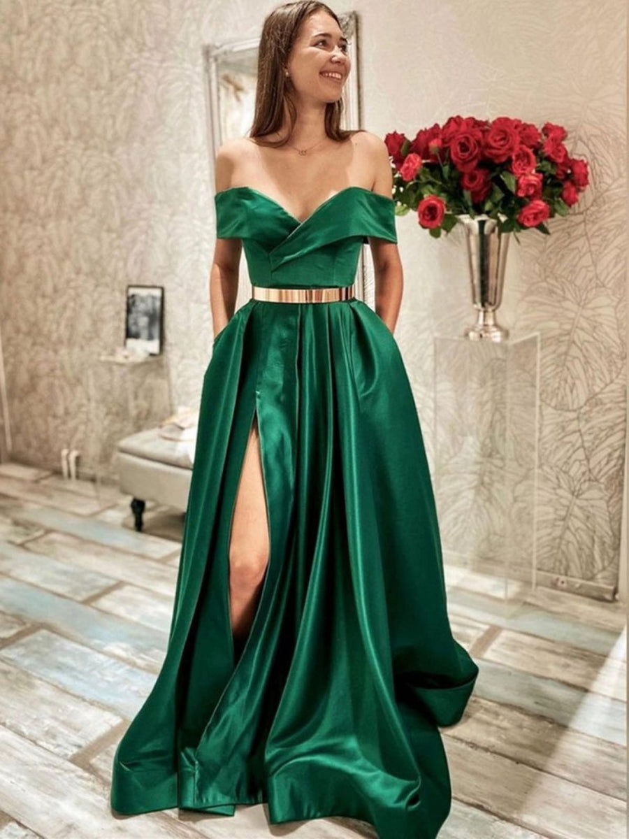 LTP1181,Dark Green A-Line Satin Prom Dresses,High Split Evening Party Dress