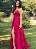 LTP0748,Hot pink spaghetti straps pleated satin long prom evening dresses with side slit