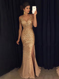 LTP0199,Elegant Gold Mermaid V-Neck Beads Side slit Tulle Long Evening Prom Dresses