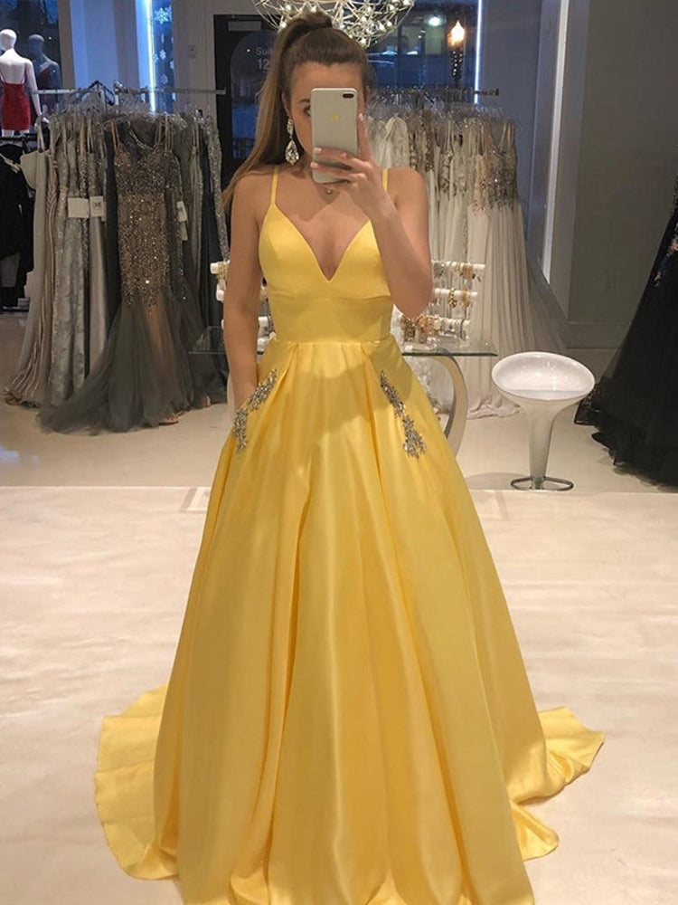 LTP0265,Charming Yellow A-Line Prom Dress Yellow Beaded Evening Dresses With Pockets