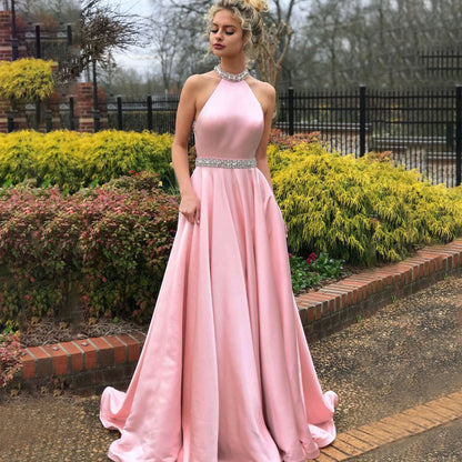 LTP0138,Pink evening dresses,halter prom dress,beaded long prom evening dresses,satin formal gown