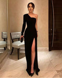 LTP0604,Black prom dress one shoulder long evening dresses high split party gown