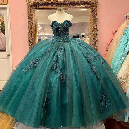 LTP1068,Luxury green off the shoulder prom dresses princess applique ball gown,sweet 16 dress