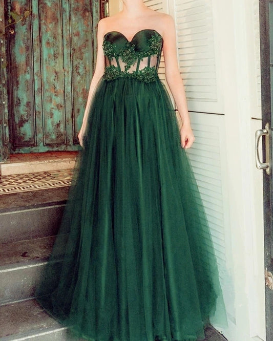 LTP1045,Green sweetheart applique tulle prom evening dresses