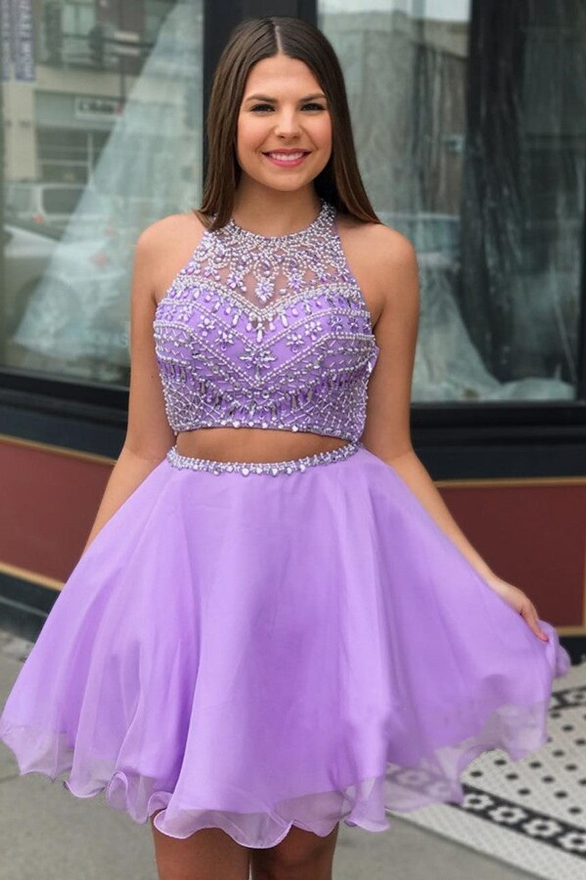 LTP1298,Lilac Homecoming Dresses,Two Pieces Cocktail Dress,Beading Organza Short Prom Dresses