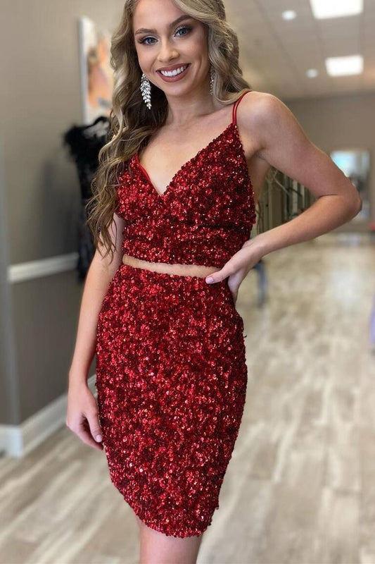 LTP1168,Two Piece Tight Red Sequins Homecoming Dress